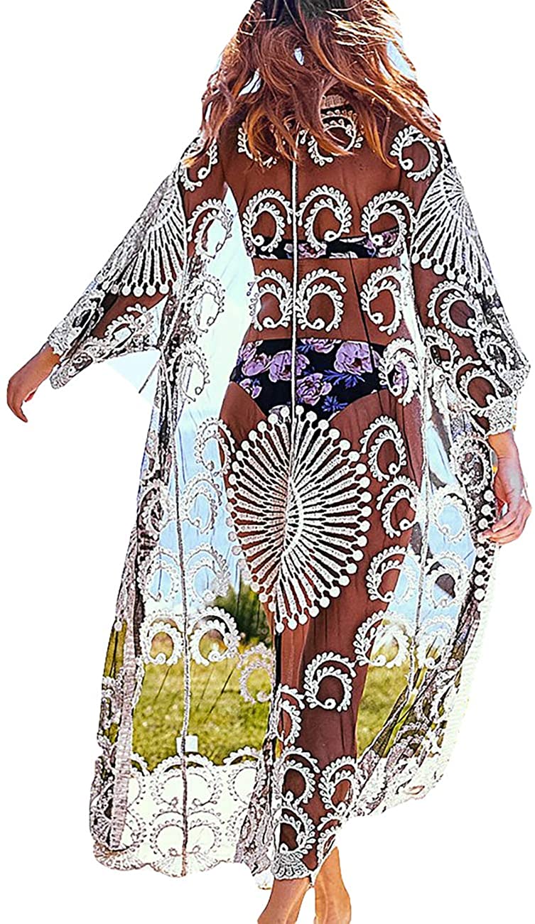 Price:$24.99 Women Mesh Embroidery Open Front See Through Swimsuit Cover Up Sexy 3/4 Sleeve Beach Kimono Cardigan at Amazon Women’s Clothing store