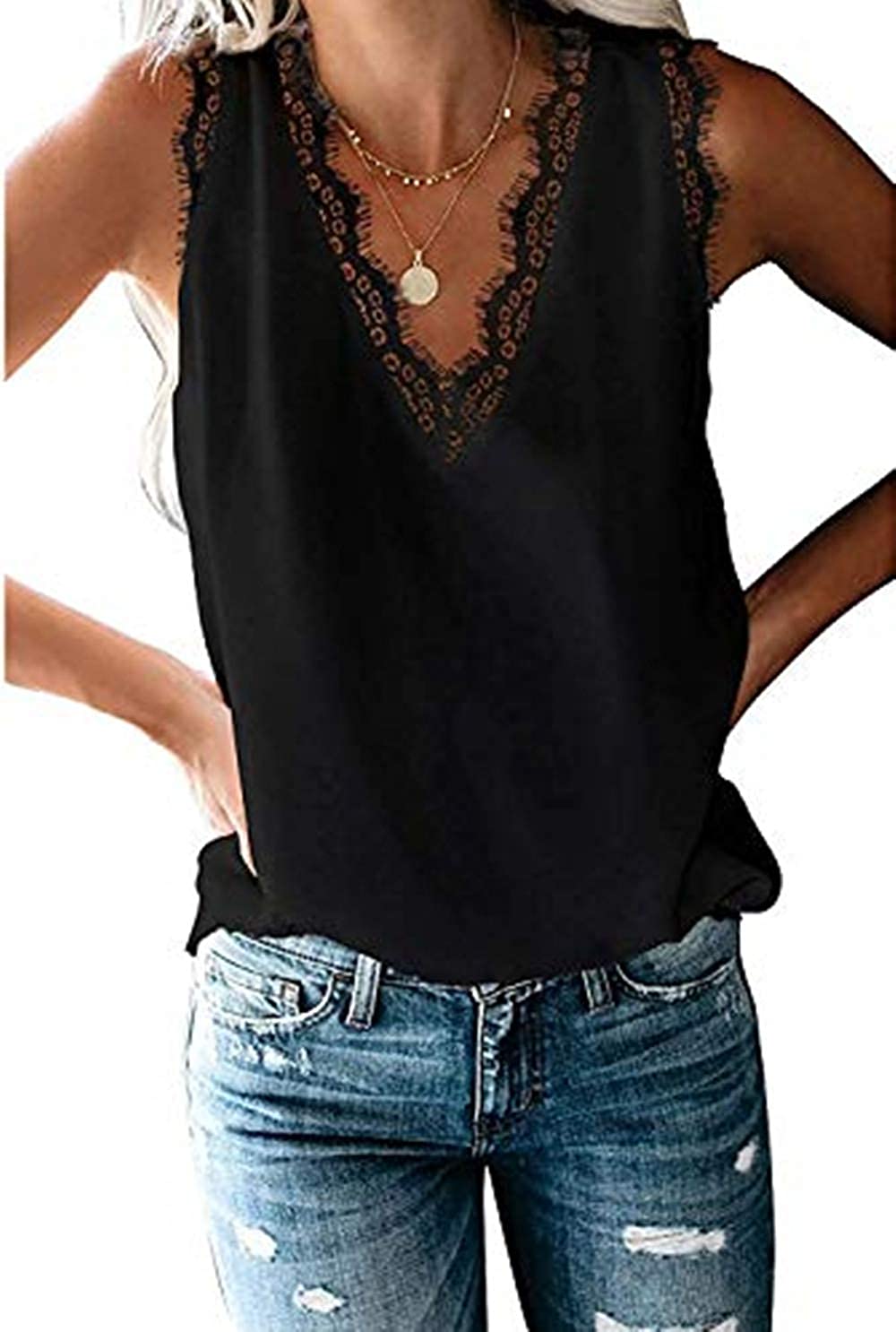 Price:$16.99 Women's V Neck Lace Trim Casual Tank Tops Sleeveless Blouses Shirts at Amazon Women’s Clothing store