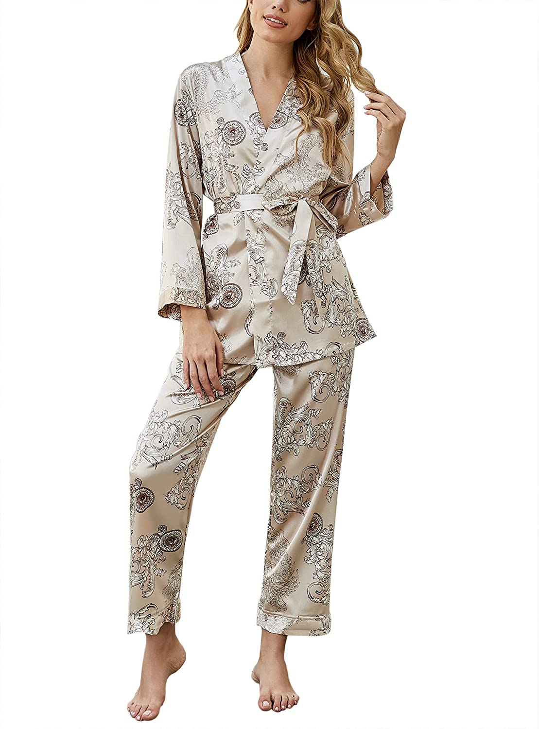 Price:$26.99 Silk Satin Pajamas Sleepwear Set Sexy Cami PJ Nightwear 3 Pieces at Amazon Women’s Clothing store