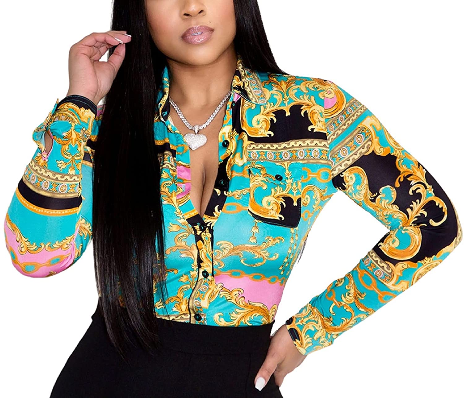 Price:$21.99 & Button-Down Shirts Colorful Long Sleeve Shirt Floral Print Dressy Tops Loose Collar Sexy T-Shirts Fashion 2021 at Amazon Women’s Clothing store