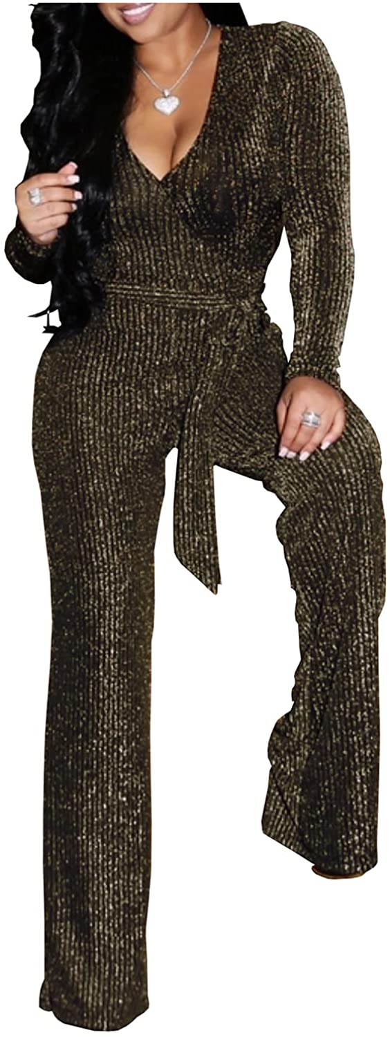 Price:$27.99 Women Casual Sexy V Neck Sparkly Jumpsuits Long Sleeve Onesie Loose Pants Party Clubwear with Belt : Clothing, Shoes & Jewelry