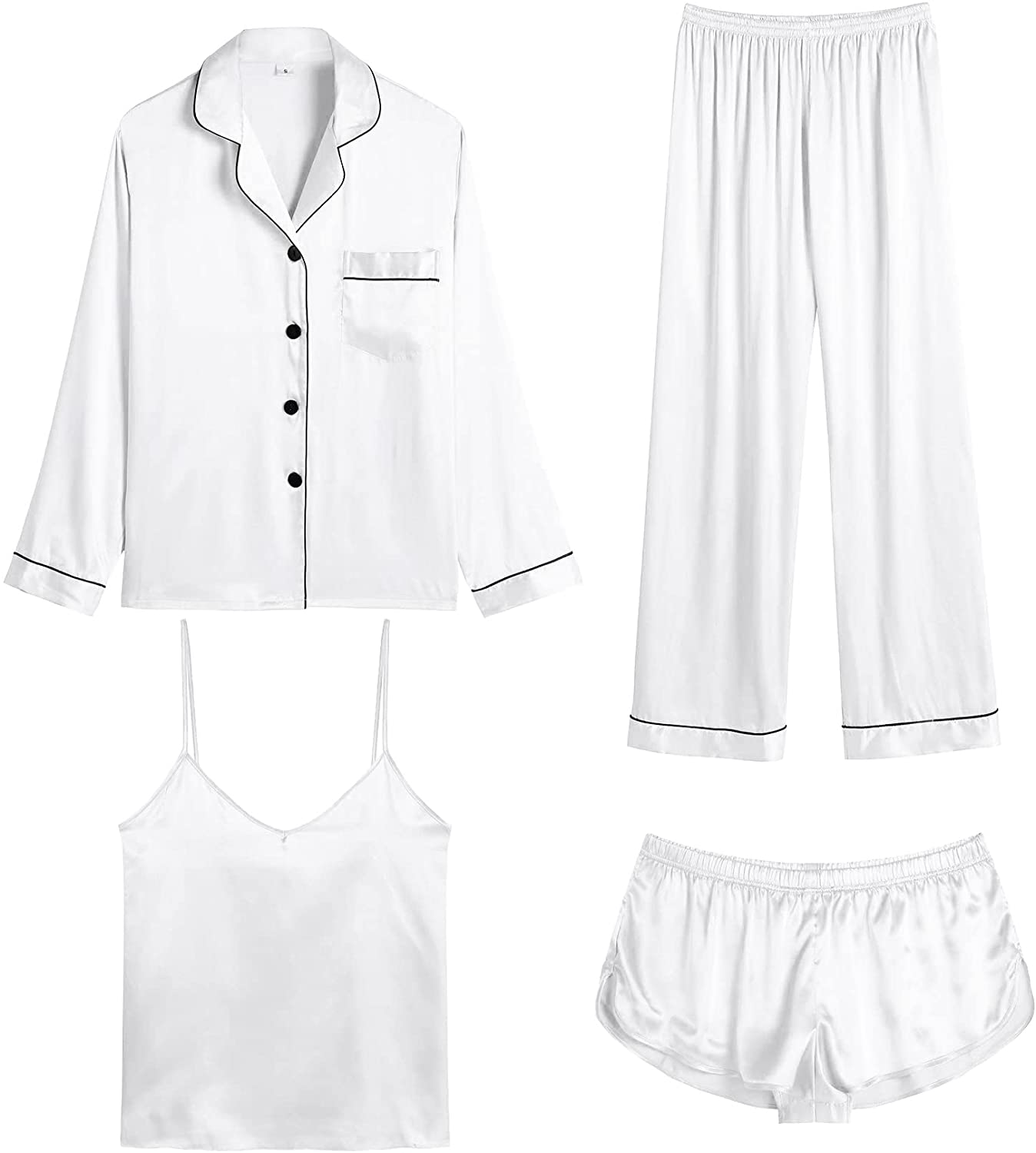 Price:$27.99 Women's Silk Satin Pajamas Set 4 Pcs Button-Down Loungewear Set Long Sleeve Satin Sleepwear at Amazon Women’s Clothing store