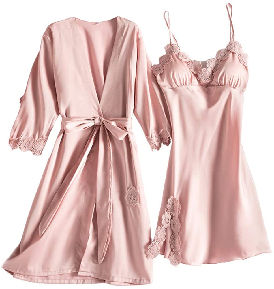 Price:$20.99 2pcs Sexy Silk Pajamas for Women Silkly Nightgown Solid Color Satin Robe Gown Sets Lace V-Neck Nightdress Sleepwear: Clothing, Shoes & Jewelry
