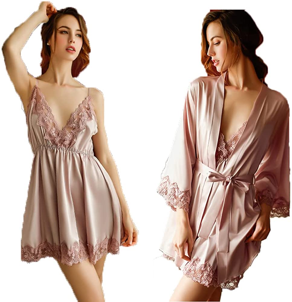Price:$35.99 Women 2pcs Silk Satin Pajama Set Lace V-neck Nightgown and Sleepwear Robe Sets Sexy Nightdress Chemise Sleepshirt Light Pink : Clothing, Shoes & Jewelry