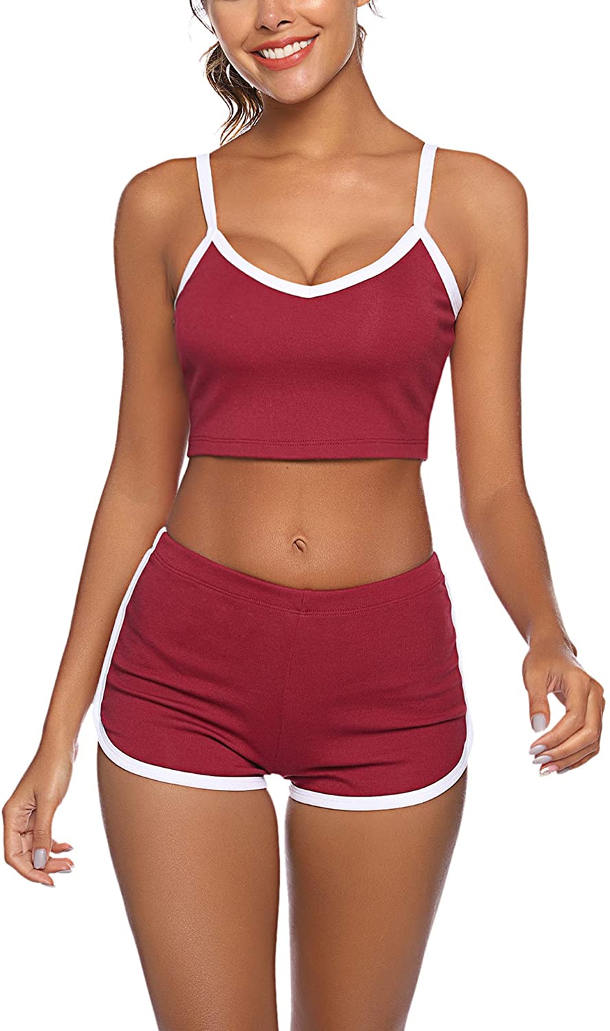 Price:$12.59 Women Sexy Pajamas Set Short Pj Set Sleeveless Crop Cami Top and Shorts Set at Amazon Women’s Clothing store
