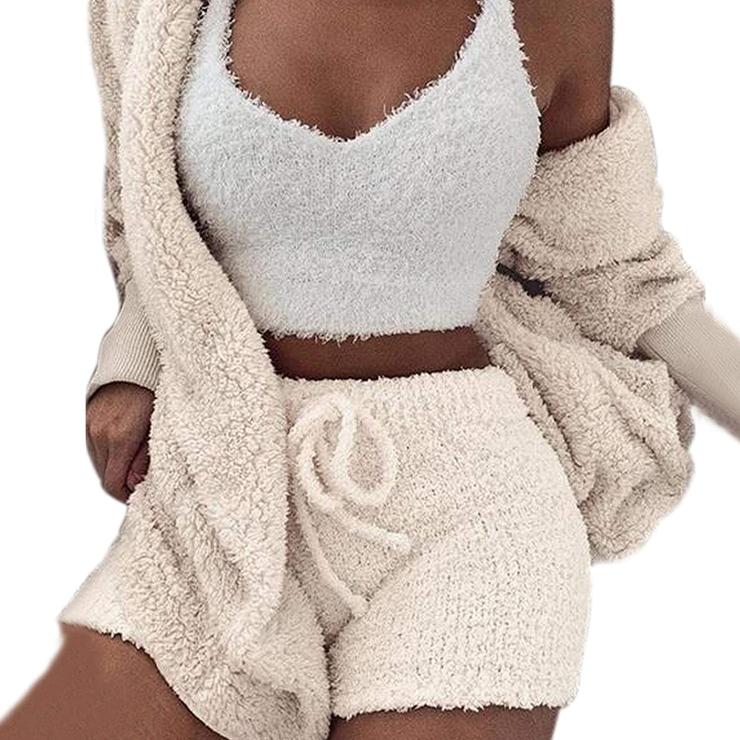Price:$26.99 Sexy Fuzzy Warm Sherpa Fleece 3 Piece Outfit Fleece Coat Jacket Outwear and Spaghetti Strap Crop Top Shorts Set at Amazon Women’s Clothing store