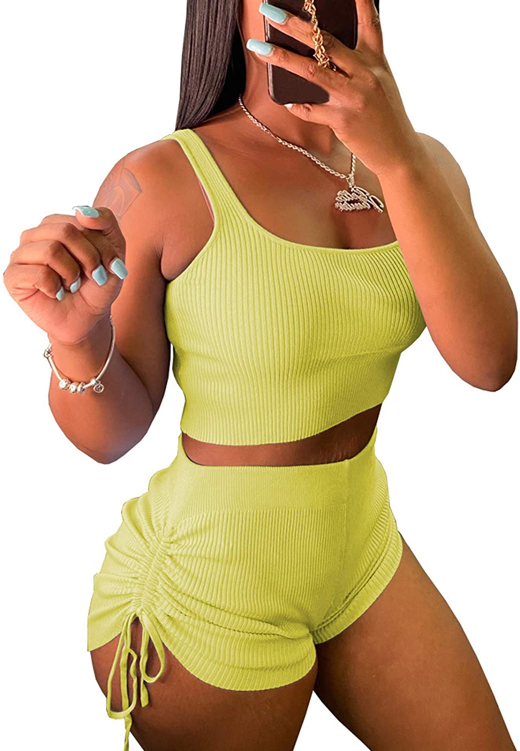 Price:$25.99 Rib-Knit 2 Piece Outfits Tank Tops Textured Ruched Shorts Sleepwear Tracksuit Sets at Amazon Women’s Clothing store