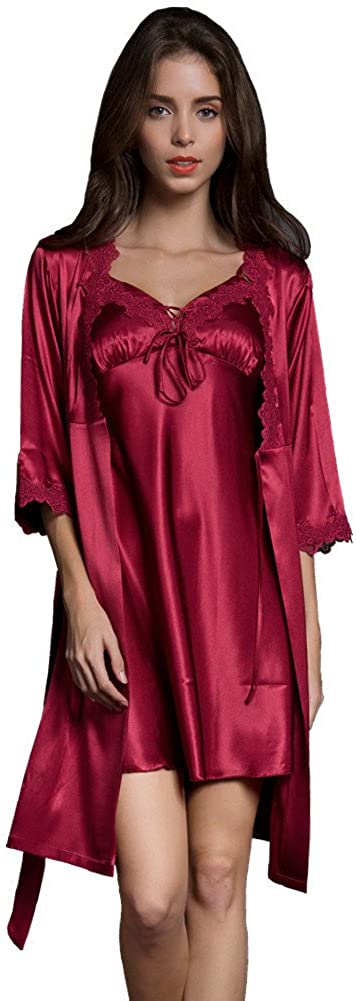 Price:$26.99 Women Sexy Silk Satin Robe Camisole Pajama Dress 2 Piece Suit Sleepwear Best Gift for Girls at Amazon Women’s Clothing store