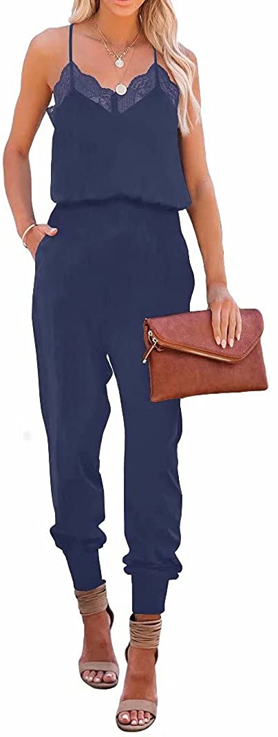 Price:$30.99 Women's Casual Solid Lace Tank Jumpsuits V-Neck Spaghetti Strap Romper Sleeveless Long Jumpsuit : Clothing, Shoes & Jewelry