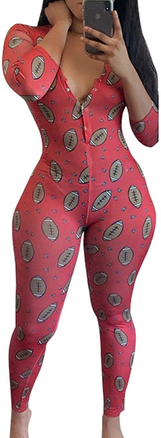 Price:$9.98 Women 's Long Sleeve Jumpsuit, Sexy Deep V Neck Button Front Romper Rugby Print Loungewear (Red, XL) : Clothing, Shoes & Jewelry