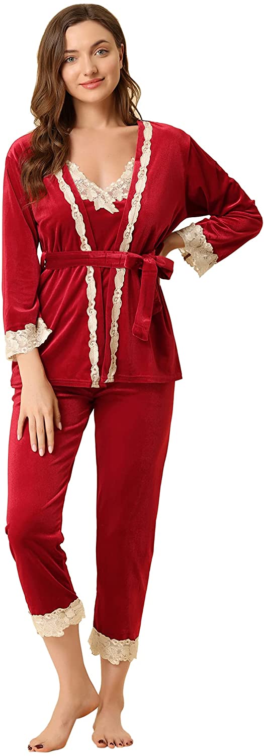 Price:$34.99 K Women's Velvet 3pcs Cami Top Tie Nightgown V Neck Sleepwear Sexy Lace Pj Sets at Amazon Women’s Clothing store