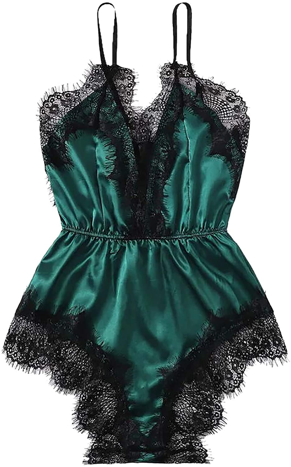 Price:$14.99 Women's Plus Size Eyelash Lace Pajamas Set Satin Romper Bodysuit Sleepwear Nightwear at Amazon Women’s Clothing store