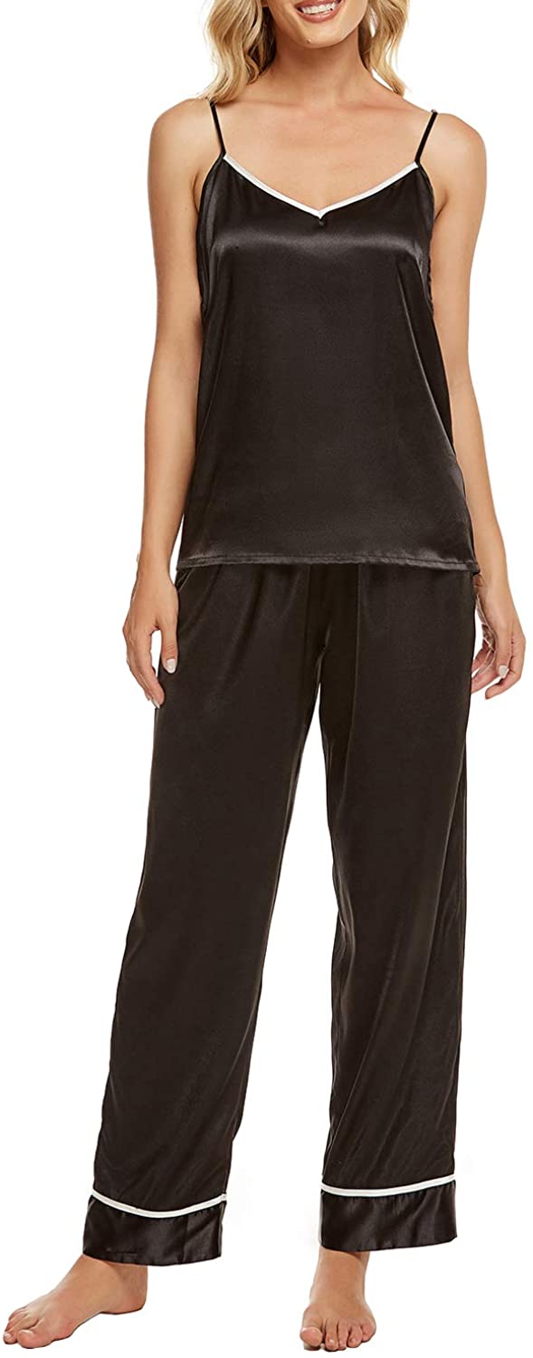 Price:$15.99 Womens Satin Pajama Set Silk Sleepwear Cami Top and Pants Sexy Lingerie 2 Piece Pj Sets (Black, Medium) at Amazon Women’s Clothing store