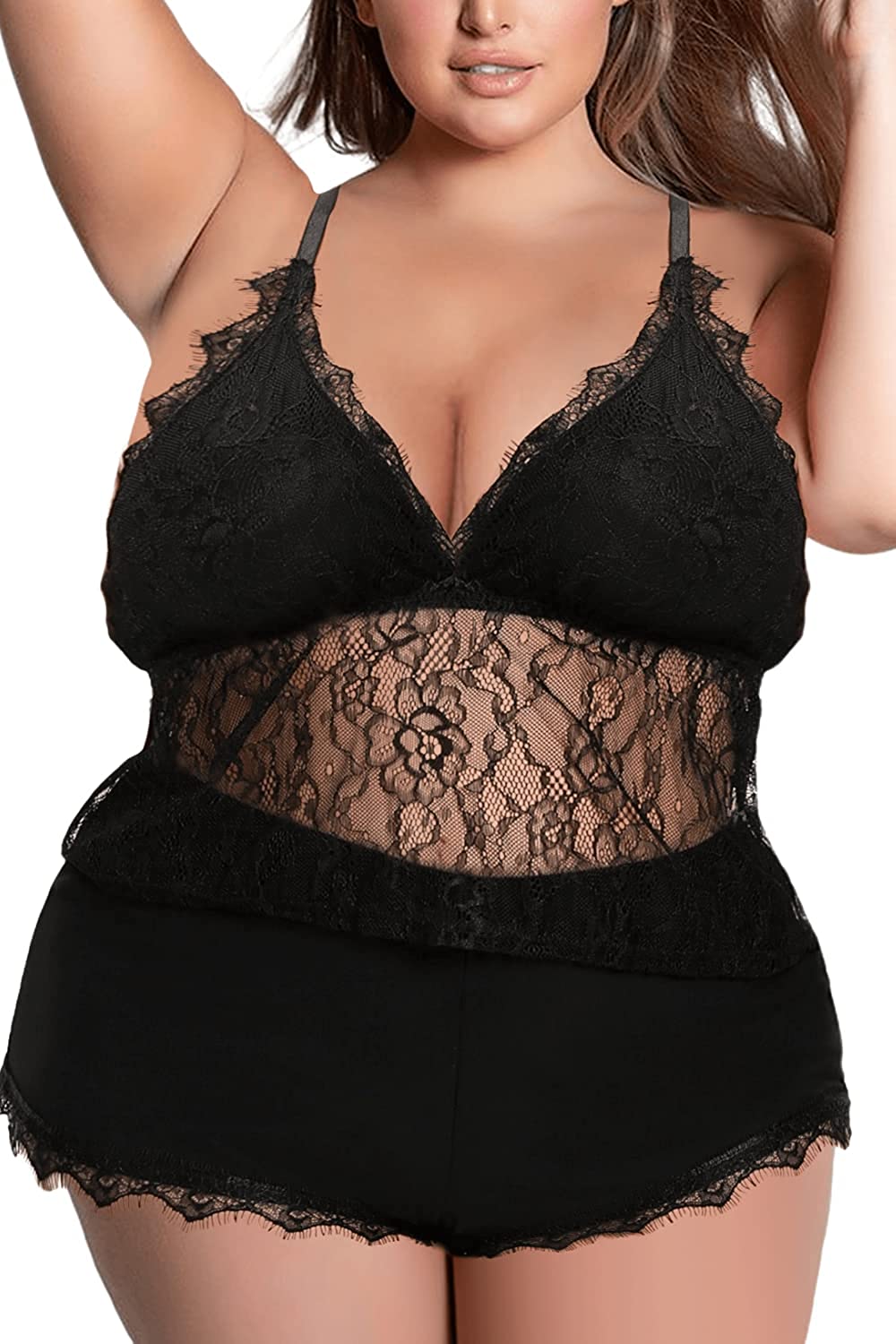 Price:$16.88 Plus Size Pajamas for Women, Cami Sheer Lace Lingerie Shorts Set Camisole Knit-lined Triangle Cups Lace-trim Sleepwear at Amazon Women’s Clothing store