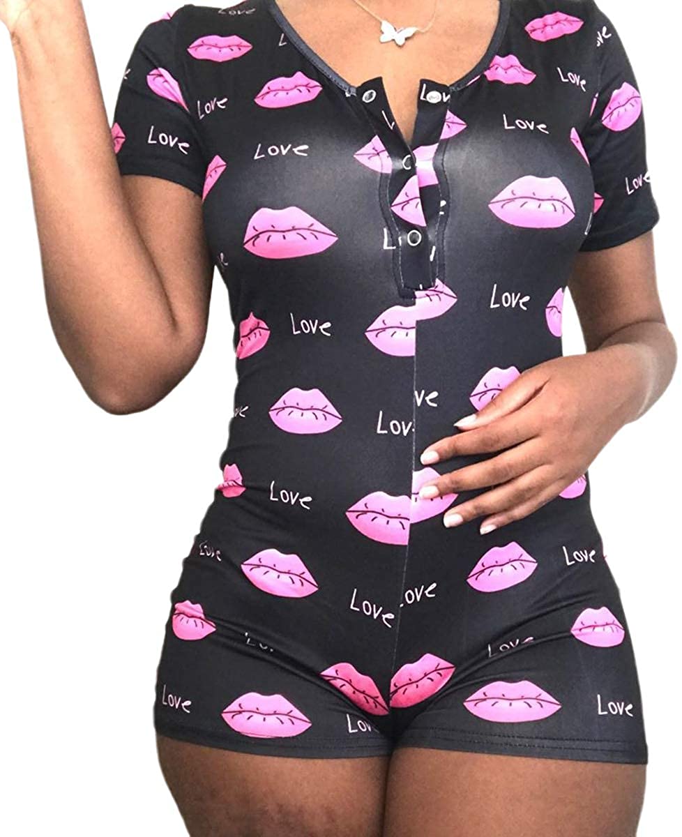 Price:$7.99 Women Sexy Short Rompers Bodysuit Long Sleeve Printed V Neck Bodycon Stretch Button Jumpsuit Pajama : Clothing, Shoes & Jewelry