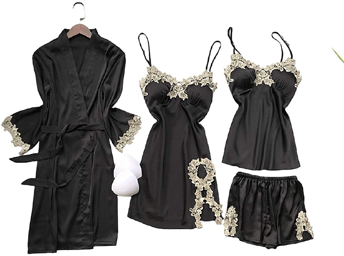 Price:$28.99 Womens Pajamas Sets Silk Nightwear 4pcs Satin Sleepwear Solid Color Robes Dress Gown Female Soft Homewear Shorts at Amazon Women’s Clothing store
