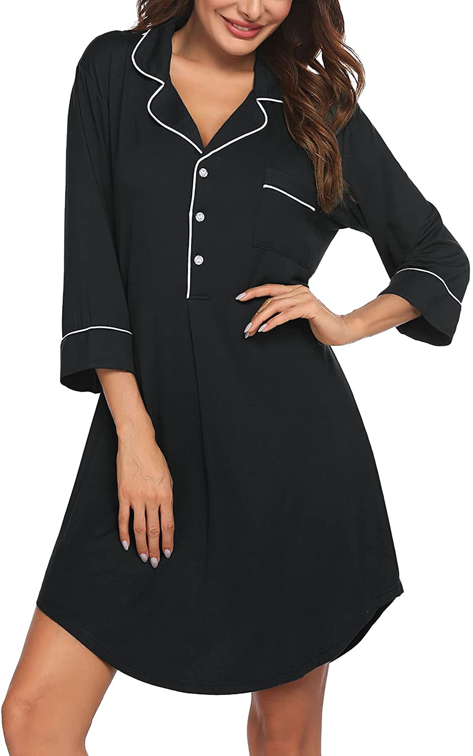 Price:$19.99 Button Down Sleepshirt 3/4 Sleeve & Half Sleeve Nightgown Notch Collar Pajama Top Boyfriend Nightdress for Women at Amazon Women’s Clothing store