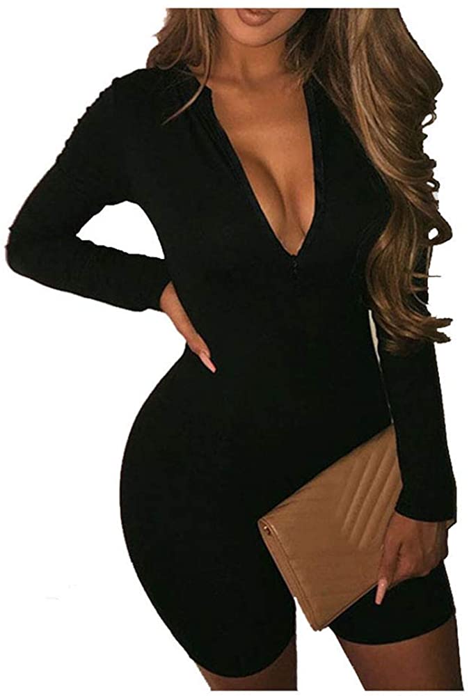 Price:$22.89 Women's Sexy Deep V Neck Long Sleeve Knitted One Piece Bodysuit Bodycon Rompers Jumpsuit Shorts with Zipper : Clothing, Shoes & Jewelry