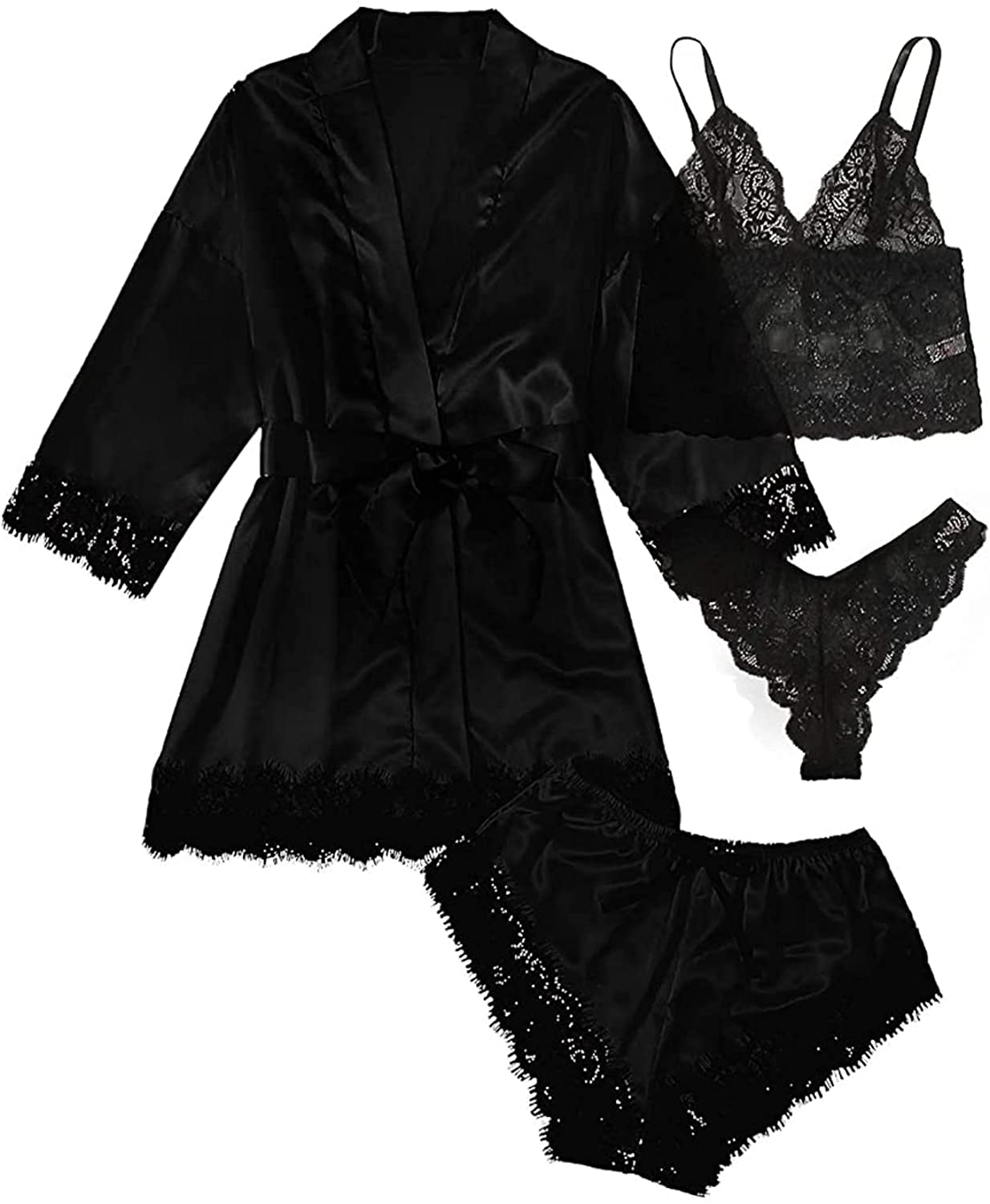 Price:$16.99 Cami Pajama Set with Robe Women's Lace Sleepwear Sets Sexy Camisole Sets for Women Lingerie 4pcs Pajama Set for Women at Amazon Women’s Clothing store