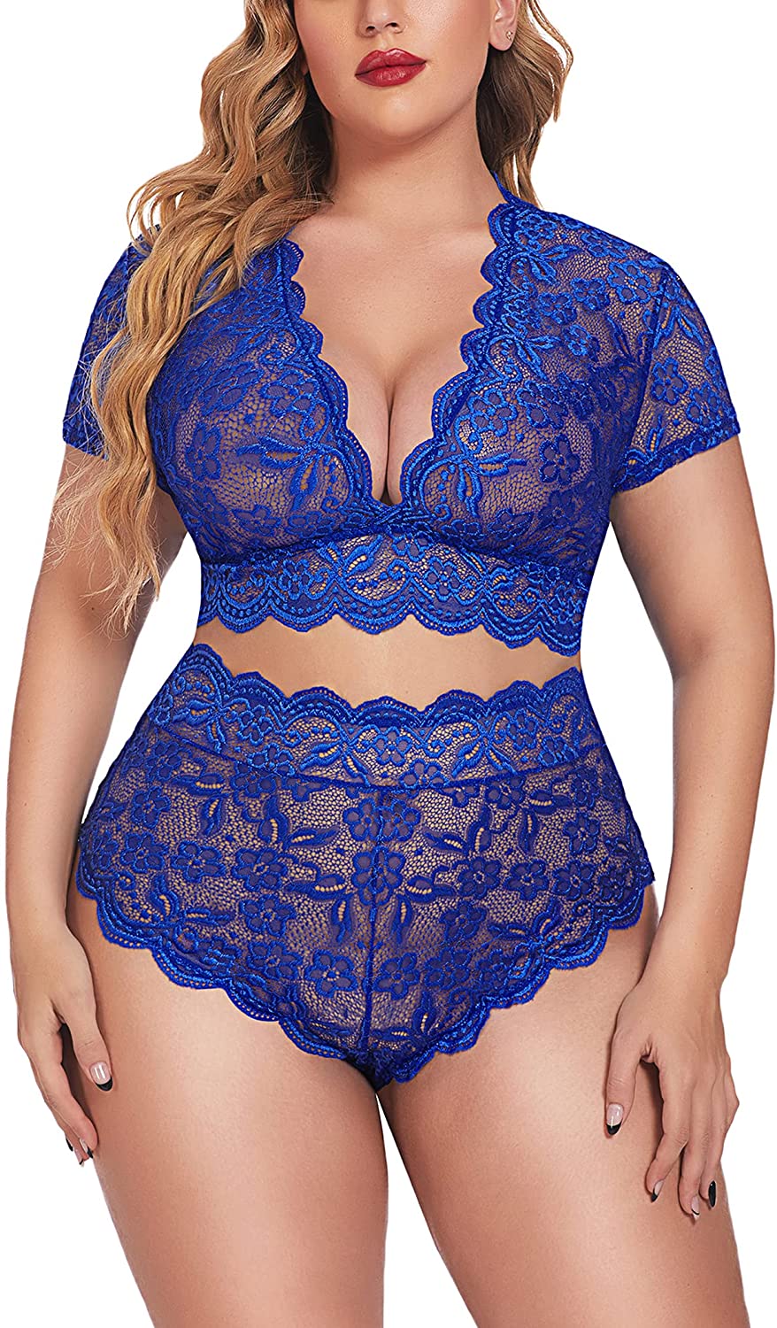 Price:$16.88 Plus Size Lingerie Plus Floral Lace Scallop Trim Lingerie Set Deep V Allover Lace Bra Panties Set Sexy Clubwear | Amazon.com