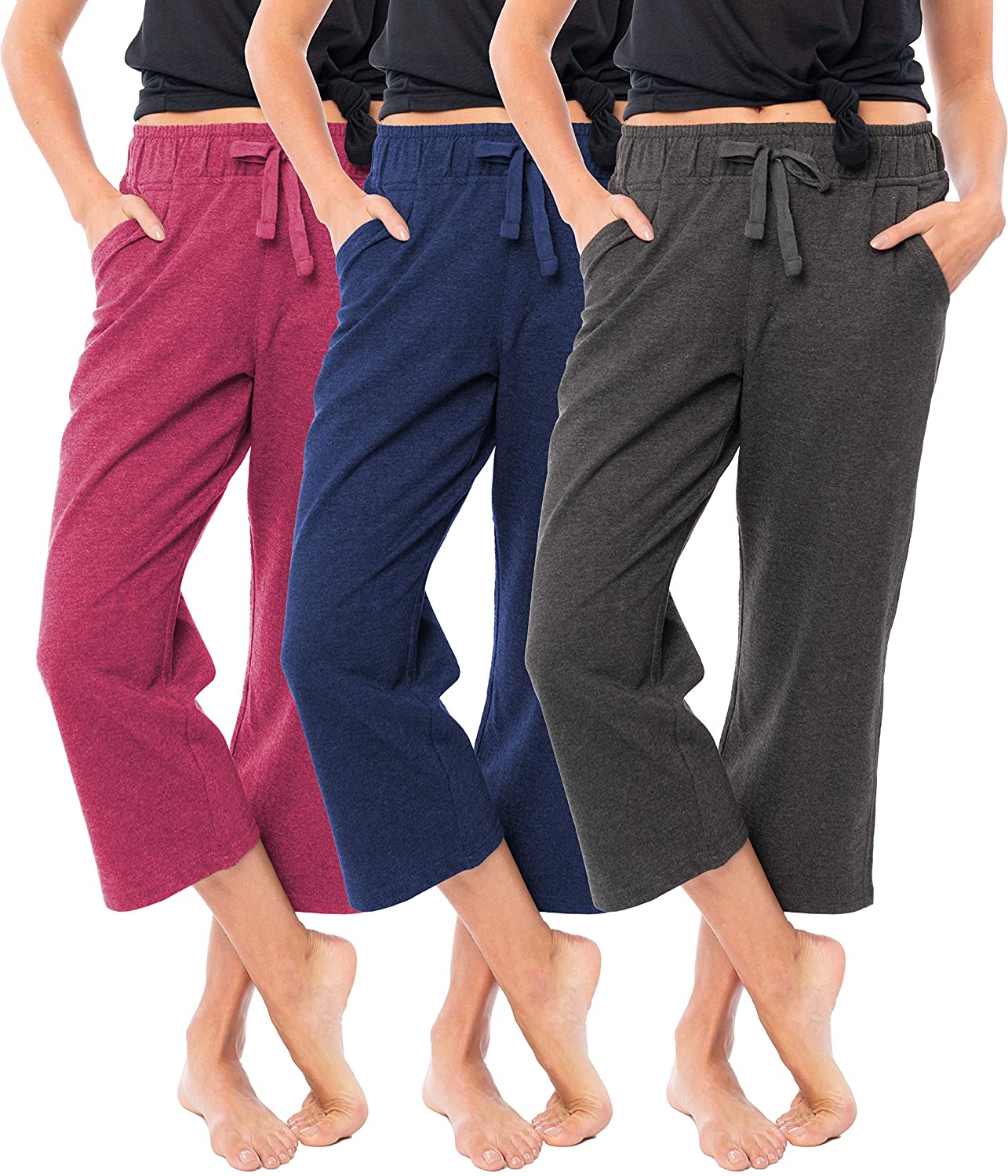 Price:$42.99 Basics Women's 3 Pack Soft French Terry Fleece Casual/Active Comfy Capri Jogger Yoga Bottom Lounge & Sweatpants at Amazon Women’s Clothing store