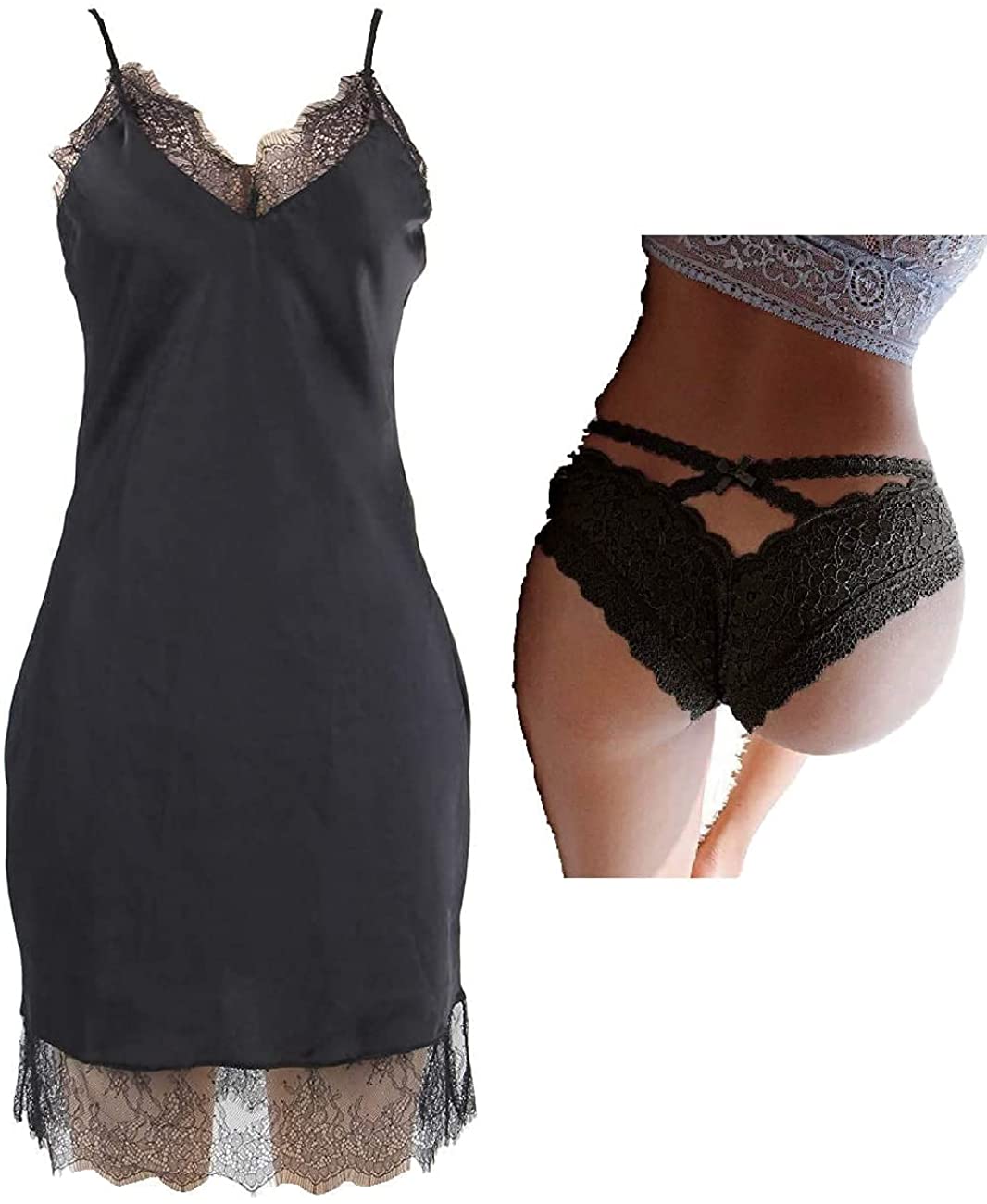 Price:$20.99 Hour Women's Sexy Fashion Silk Satin Lace Women Pajama Lingerie, Plus Size Sexy Floral Lace Panty, Black, XXX-Large, Bundle of 2: Clothing, Shoes & Jewelry