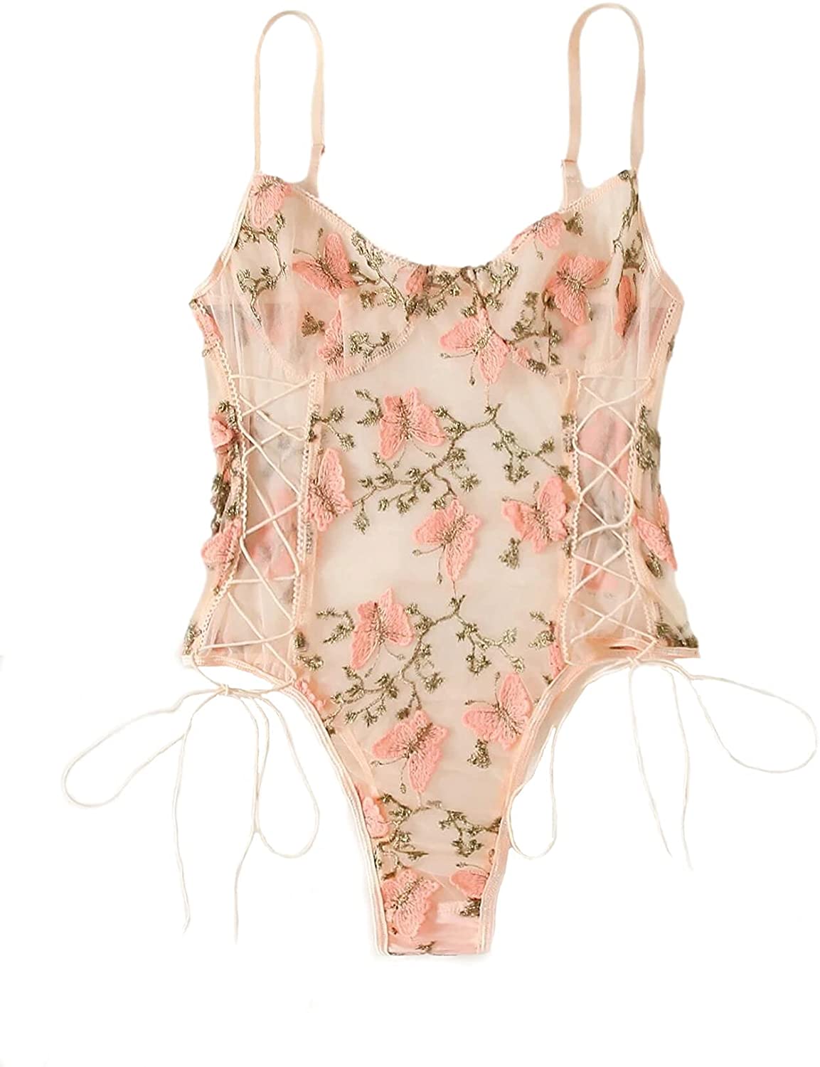 Price:$18.99 Women Sexy Lace Up Floral Embroidered Teddy Lingerie Bodysuit Top Mesh Sheer One Piece: Clothing, Shoes & Jewelry