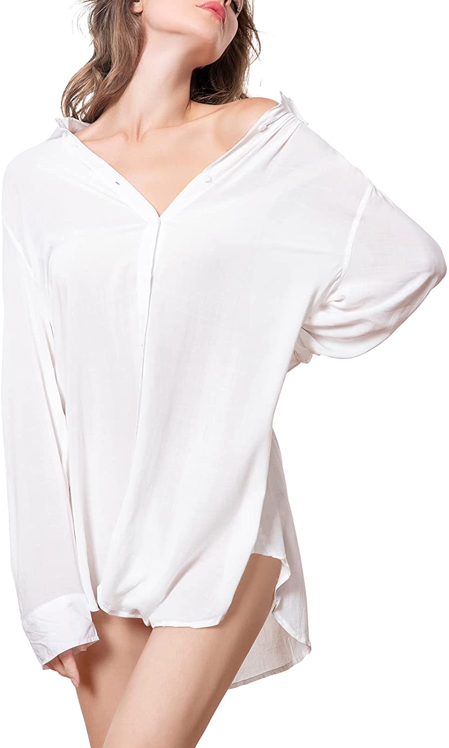 Price:$26.99 Shirts for Women Sexy Button Down Long Sleeve Sleepwear Shirt Dress Pajama Beach Swimsuit Cover Up at Amazon Women’s Clothing store