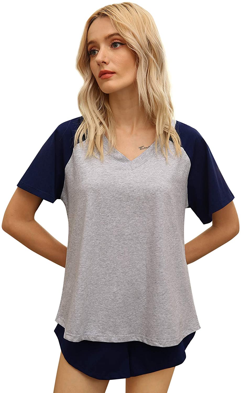 Price:$17.99 Women's Pajama Short Sleeve Sleepwear V-Neck Nightwear Soft Pj Top and Pajama Pants with Pockets S-XXL at Amazon Women’s Clothing store
