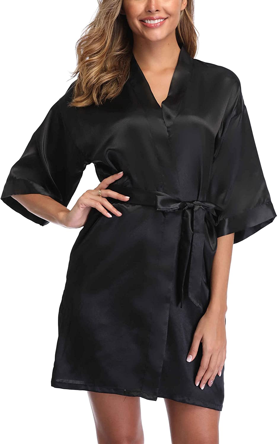 Price:$7.99 Short Kimono Robes Pure Color Silky Bathrobe Bride Bridesmaids Party Dressing Gown Sleepwear : Clothing, Shoes & Jewelry
