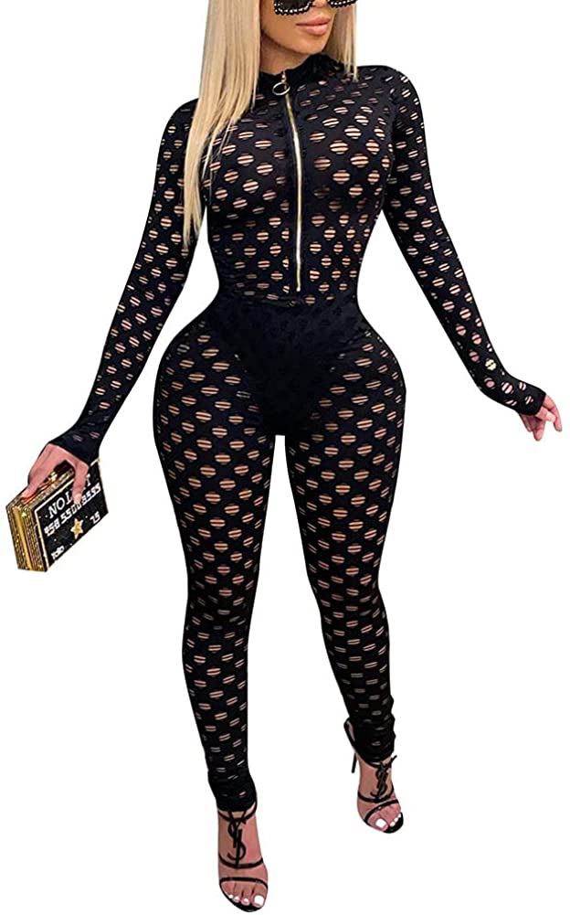 Price:$35.99 Bodycon Jumpsuits for Women - Sexy One Piece Outfits Hollow Out See Through Bodysuit Clubwear Rompers Party : Clothing, Shoes & Jewelry