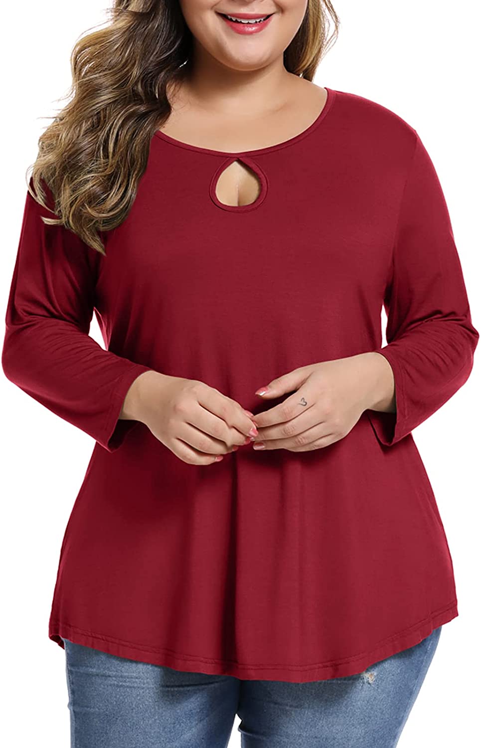 Price:$20.99 Womens Plus Size 3/4 Sleeve Casual Loose Keyhole Sexy Tunic Tops Basic Tee Shirts at Amazon Women’s Clothing store
