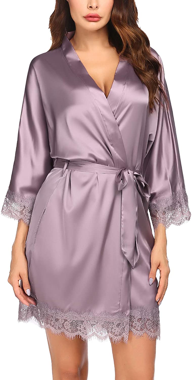 Price:$13.59 Satin Rrobes for Women Silk Bathrobe Short Kimono Robes with Oblique V-Neck Bridesmaid Wedding Party Dressing Gown at Amazon Women’s Clothing store