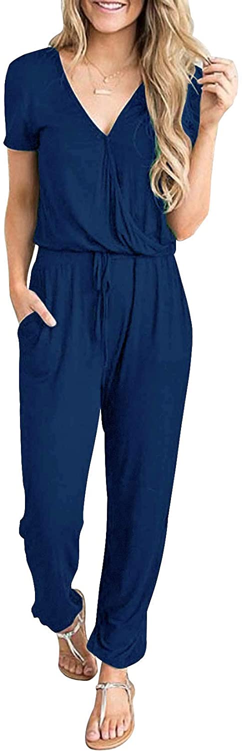 Price:$22.99 Women's Summer Casual Deep V Neck Short Sleeve Wrap Drawstring Waist Jumpsuit Romper : Clothing, Shoes & Jewelry