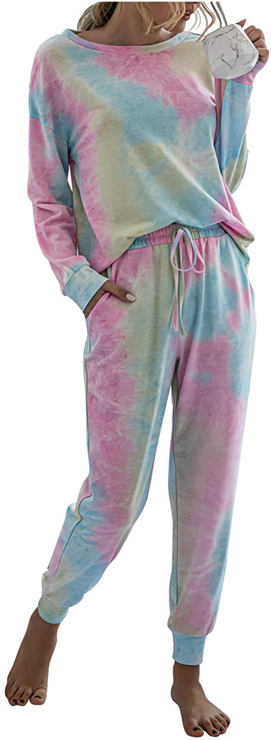 Price:$25.99 Tie Dye Pajamas Set Long Sleeve Sweatsuit Pj Wonmen's Two Piece Sleepwear Fall Loungewear Joggers at Amazon Women’s Clothing store