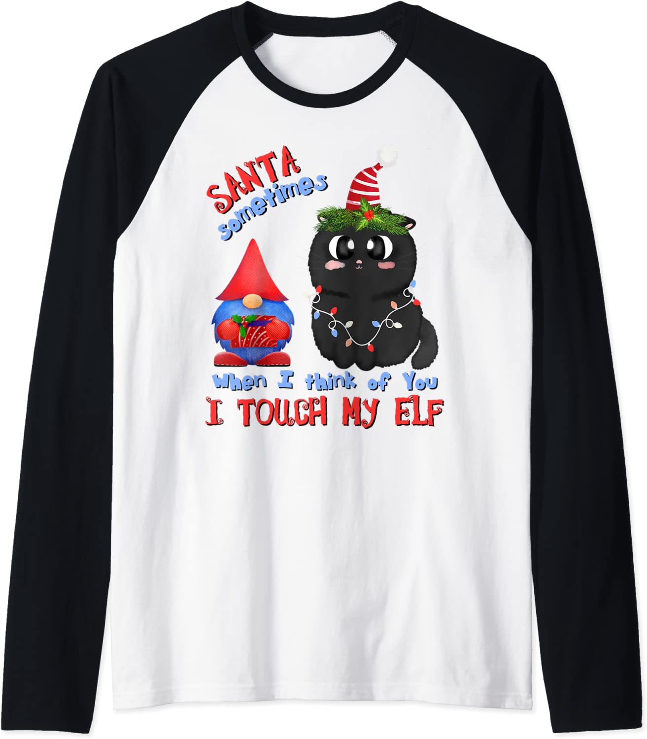 Price:$23.99 Black-Cat Lover Pun Meowy Catmas Santa Touch-My-Elf Raglan Baseball Tee : Clothing, Shoes & Jewelry