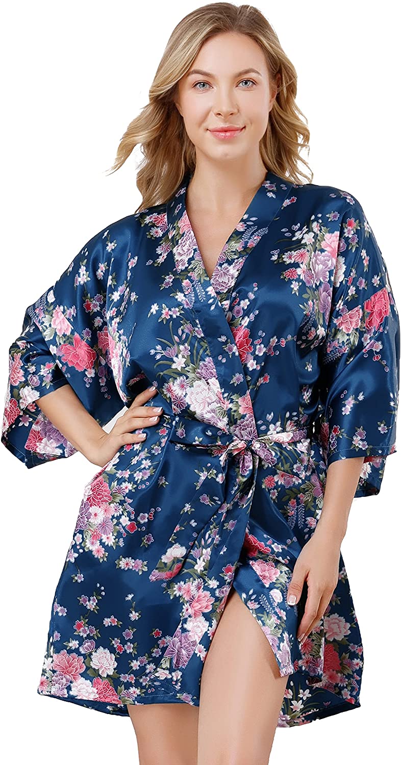 Price:$10.99 Robes for Women Bridesmaid Bride Bridal Party Wedding Short Sexy Floral Kimono Soft Lightweight Lounge Robe Sleepwear at Amazon Women’s Clothing store