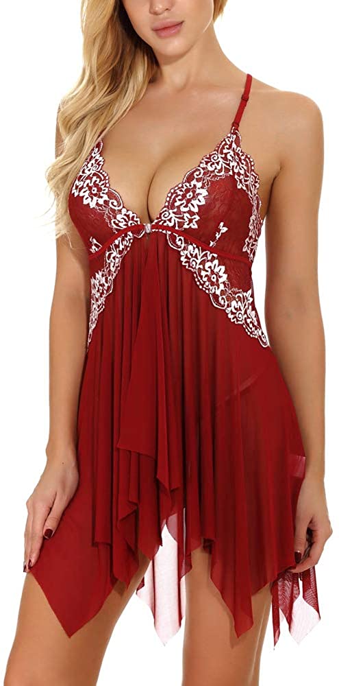 Price:$9.99 Women Camisole Lingerie Mesh Babydoll V Neck Lace Chemise Sleepwear Open Buckle at Amazon Women’s Clothing store