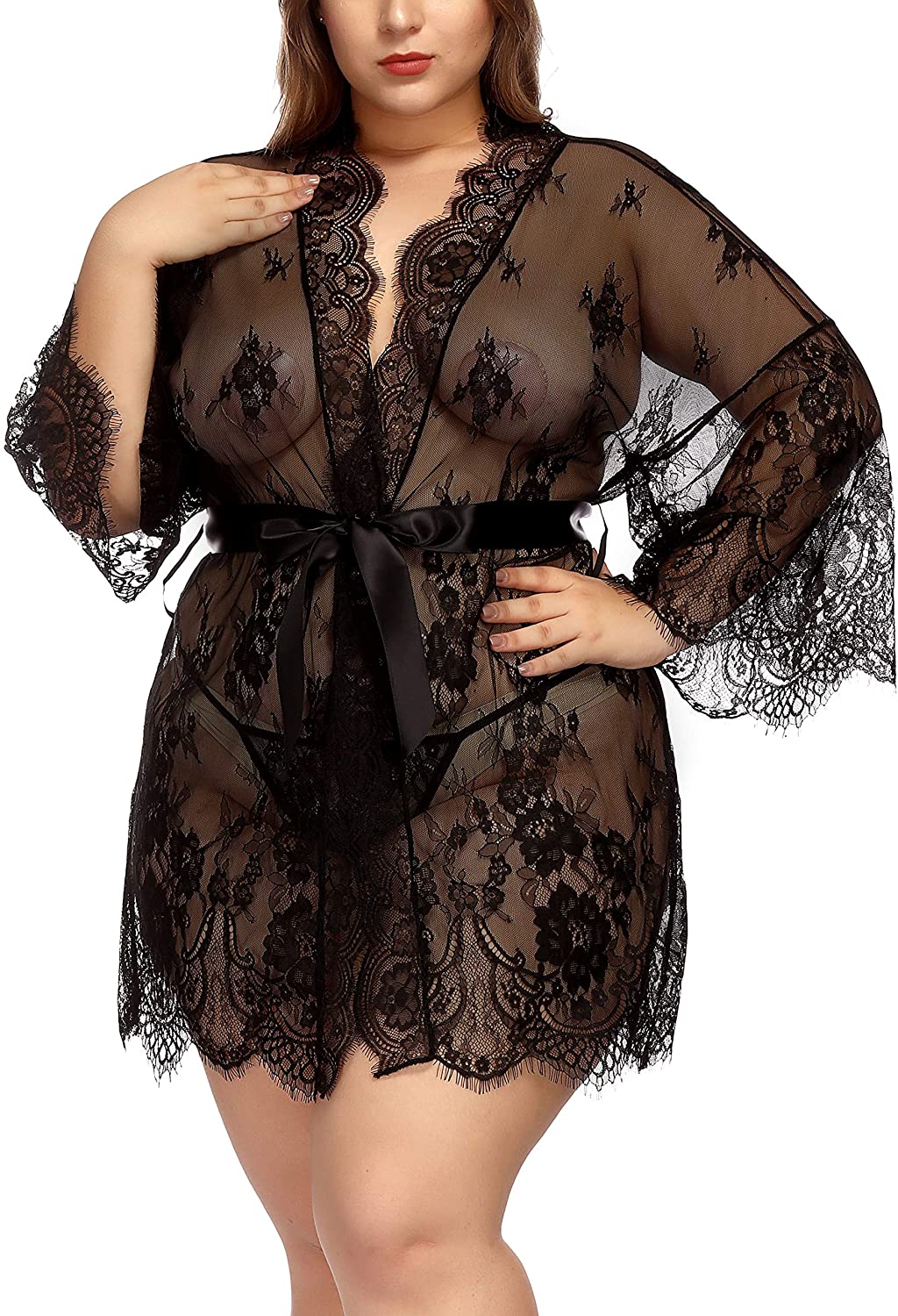 Price:$14.99 Womens Lingerie Lace Plus Size Kimono Robe Mesh Nightgown Dress Sets at Amazon Women’s Clothing store