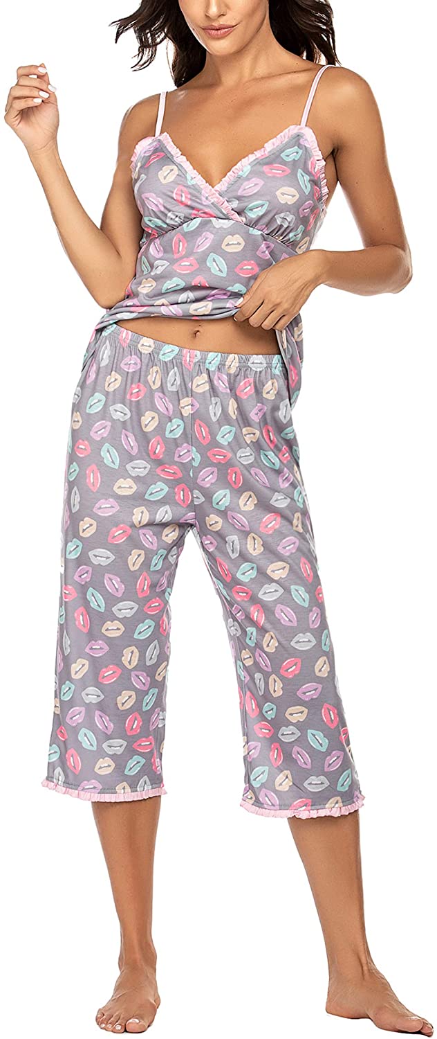 Price:$9.99 Womens Pajamas Set V-Neck Printed Cami Top and Capris Pants Sleepwear Pjs Set S-XXL at Amazon Women’s Clothing store