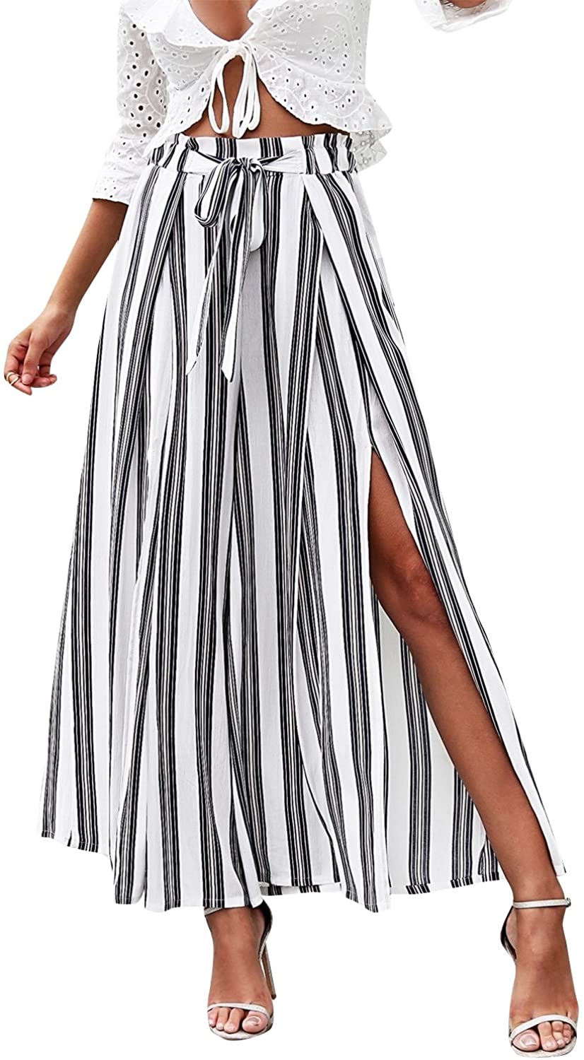 Price:$28.99 Women's Elegant Striped Split High Waisted Belted Flowy Wide Leg Pants at Amazon Women’s Clothing store