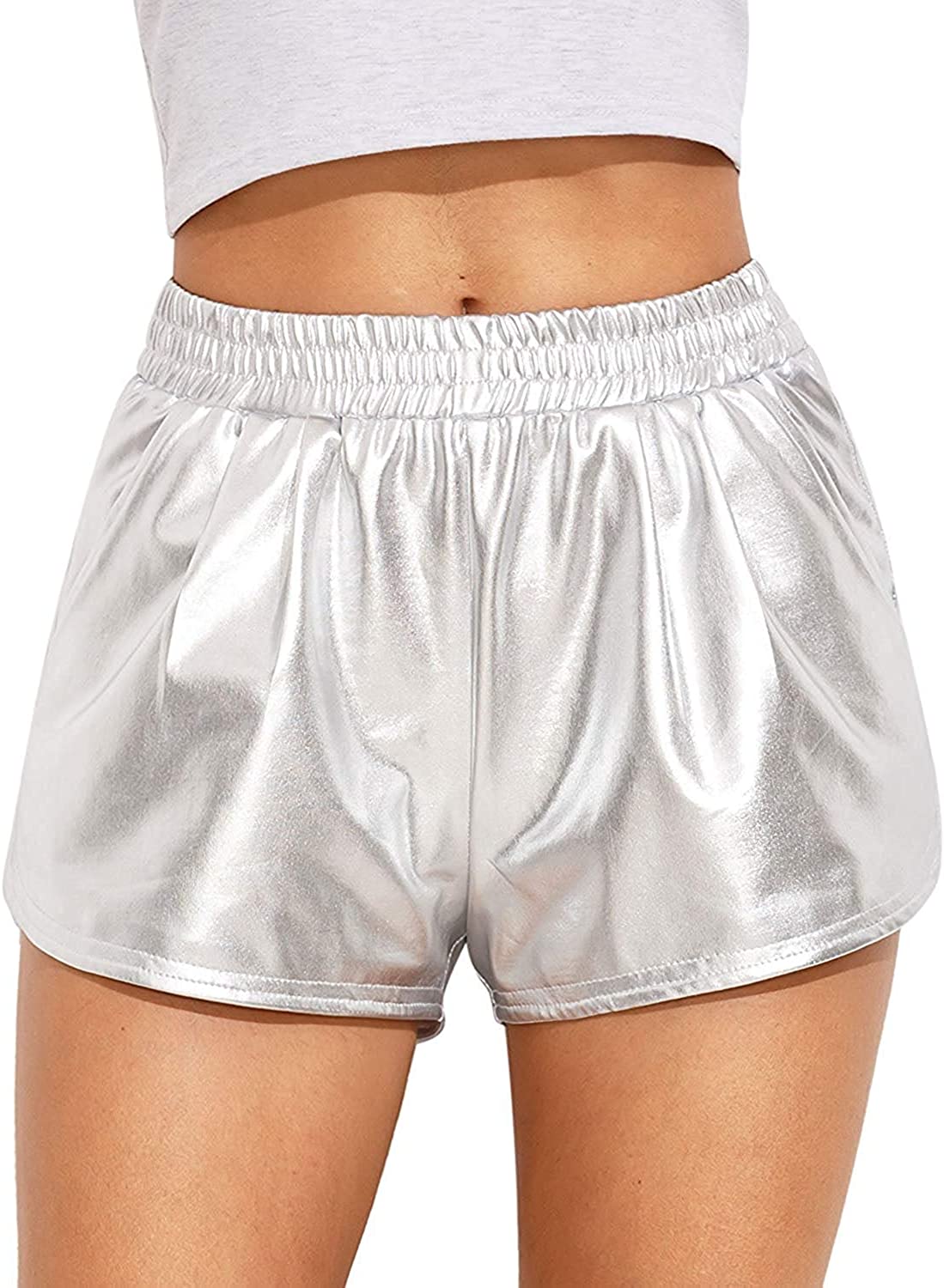 Price:$9.99 Metallic Shorts Shiny Pants Yoga Sparkly Hot Drawstring Outfit Elastic Waist Rave Booty Dance at Amazon Women’s Clothing store