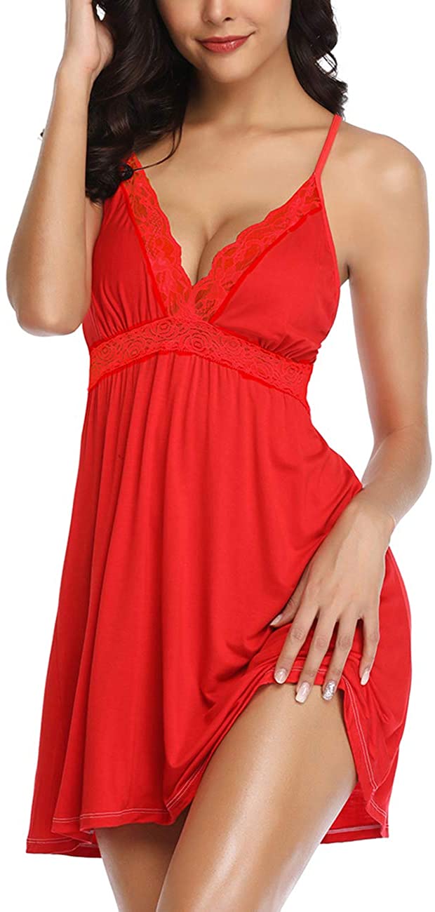 Price:$14.99 Women Babydoll Lingerie Lace Chemise V Neck Sleepwear Strap Pajamas Plus Sizez Nighwear Red at Amazon Women’s Clothing store