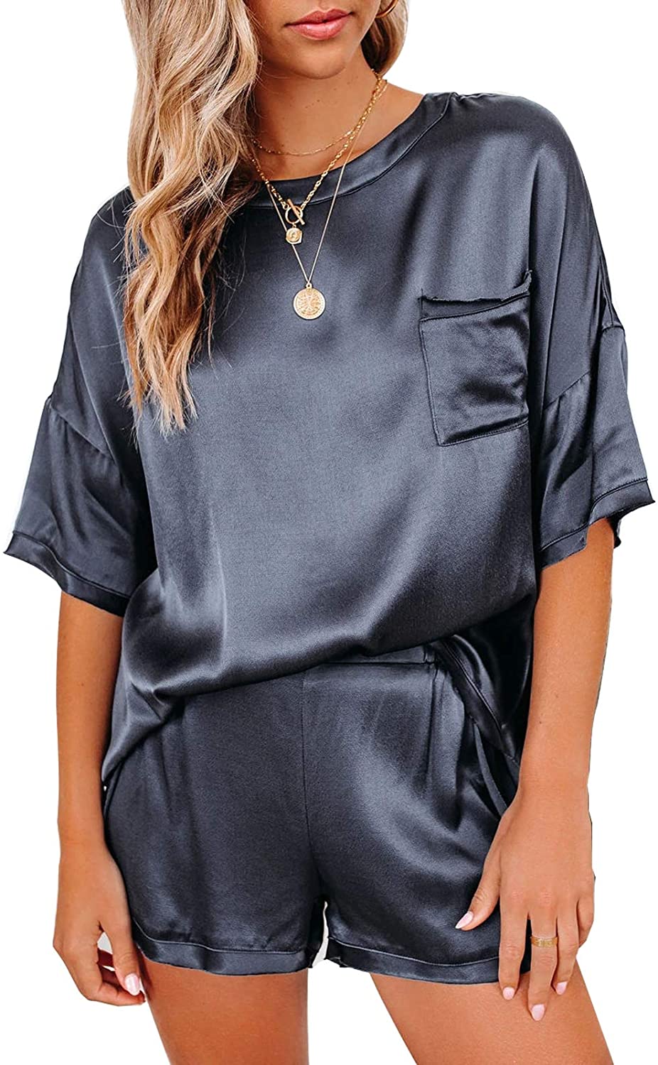 Price:$21.99 Women's Silk Satin Pajamas Set Short Sleeve Pj Sets Shorts Sleepwear Loungewear Two-Piece for Women at Amazon Women’s Clothing store