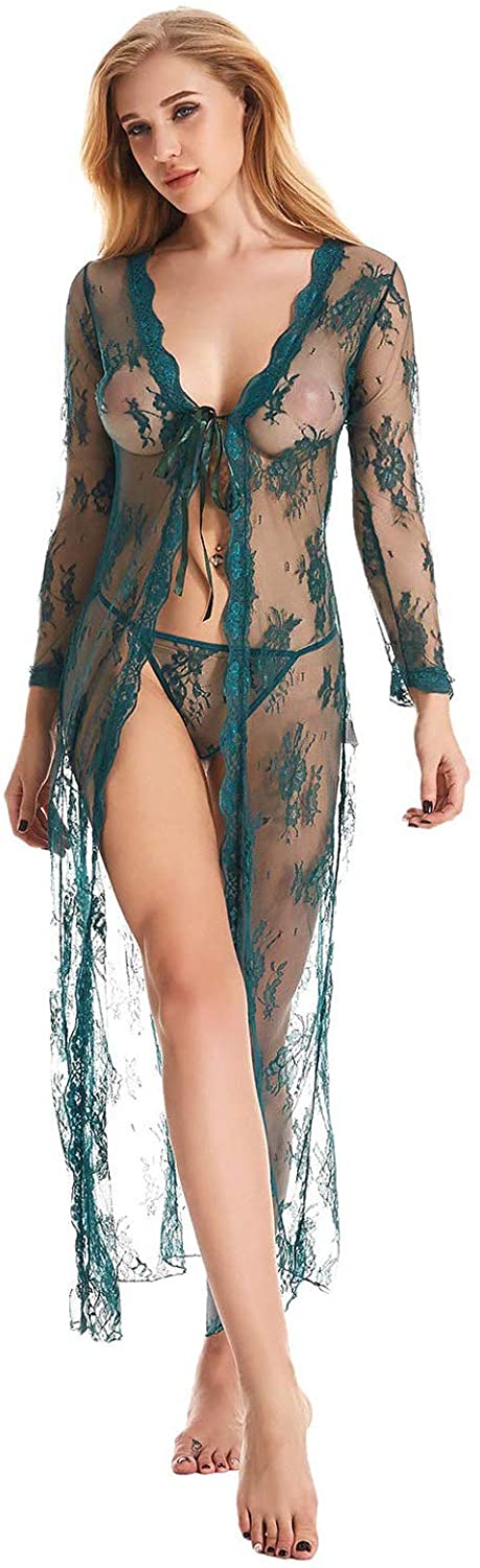 Price:$13.99 Sexy Nightgowns for Women, Upgraded Long Sheer Lace Kimono Robes Sleepwear, See Through Babydoll Lingerie Set (Dark Green, XXL) at Amazon Women’s Clothing store