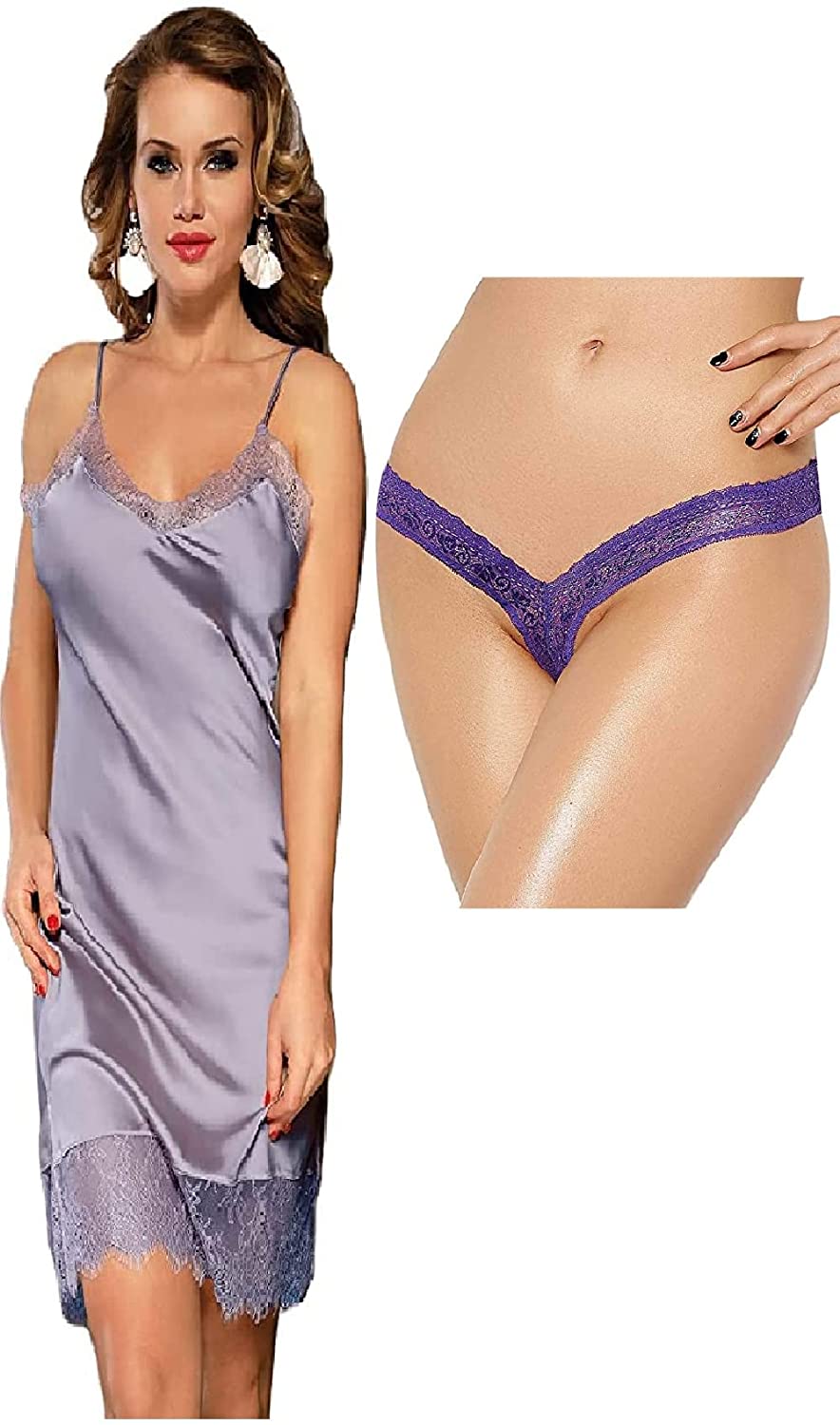 Price:$14.99 Hour Women's Sexy Fashion Silk Satin Lace Women Pajama Lingerie, Slate Blue, Plus Size Panty, Purple, XXX-Large at Amazon Women’s Clothing store