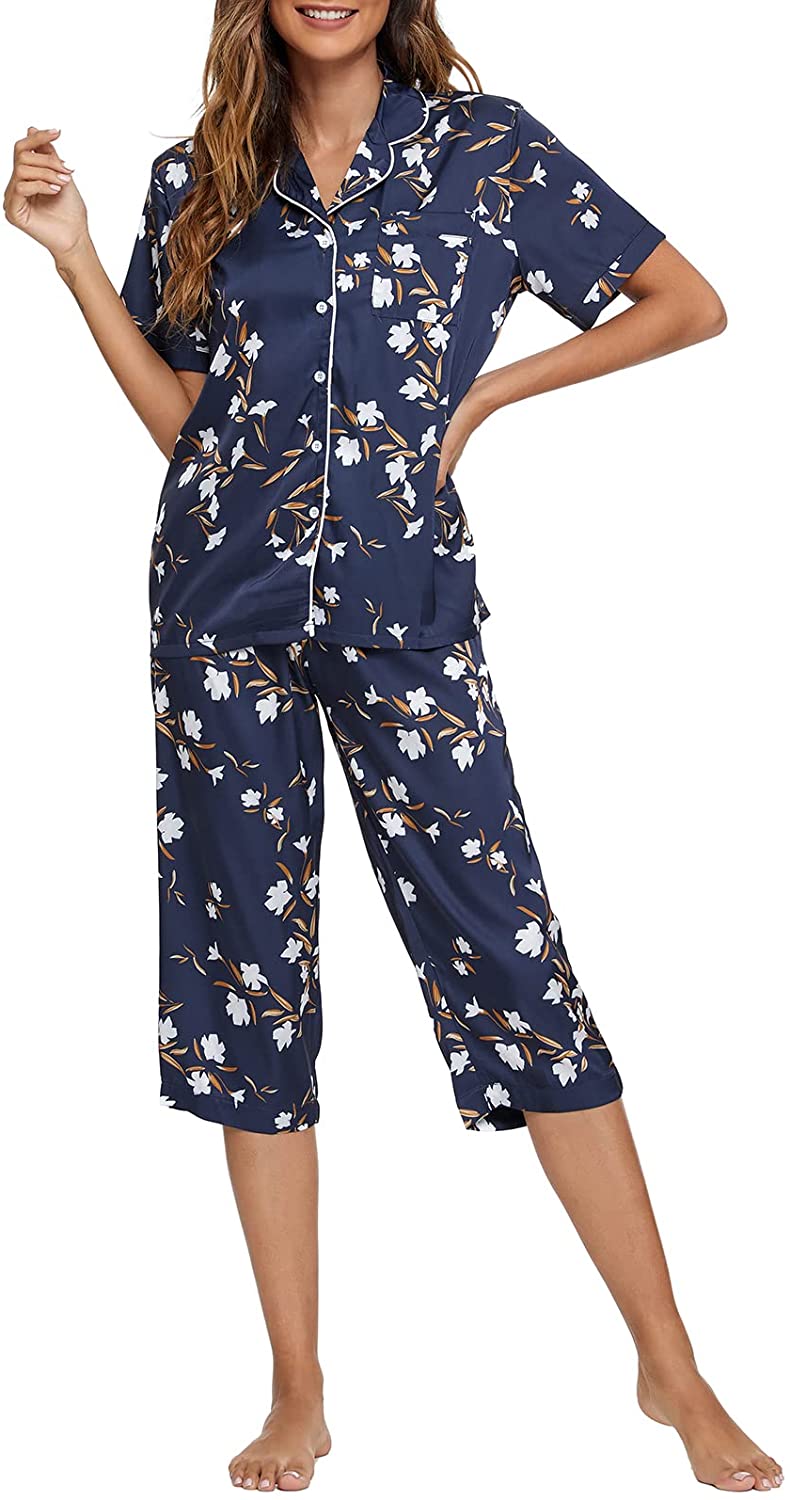 Price:$22.99 Floral Satin Capri PJ Set Notch Collar Short Sleeve Sleepwear Button Down Pajamas Shirt and Sleep Pants at Amazon Women’s Clothing store