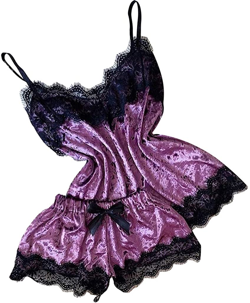 Price:$14.99 Sexy Sleepwear Lace V-Neck Mesh Sling Top + Shorts Outfit 2Pcs Summer Lingerie Nightwear at Amazon Women’s Clothing store