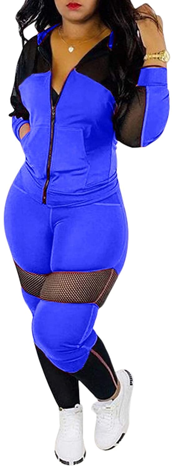 Price:$23.99 Sexy Mesh Patchwork Zip Up Hoodie Jacket Two Piece Outfits Skinny Long Pants Clubwear Tracksuit Sportswear Set at Amazon Women’s Clothing store