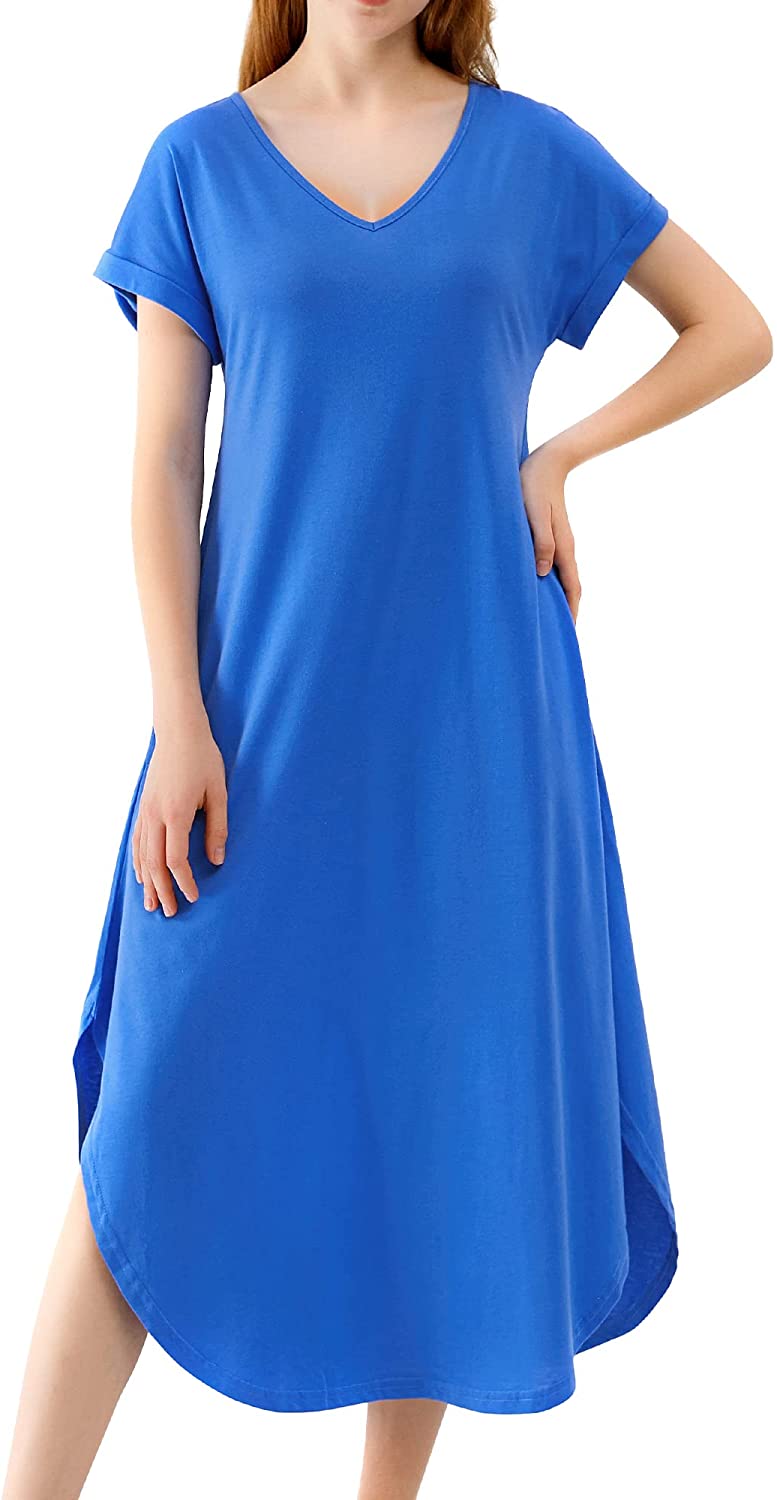 Price:$16.72 Soft Nightgowns for Women Long Sleepwear Short Sleeve Loungewear V Neck Nightwear Sleep Shirt with Pockets S-XXL at Amazon Women’s Clothing store